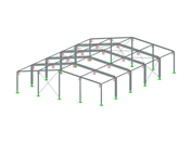 Ein Modell einer Aluminium-Hallenstruktur mit architektonischen Merkmalen und Stützelementen.