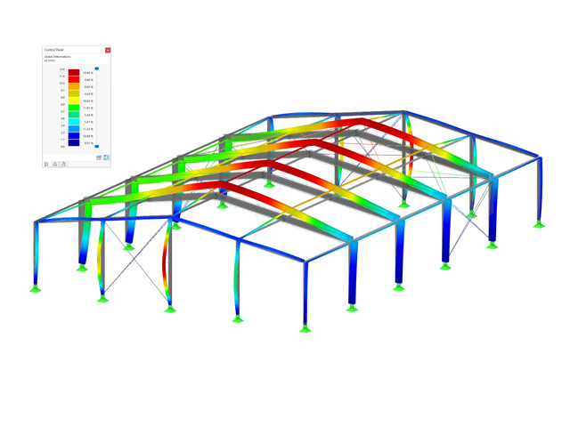 Visual analysis showing deformation in an aluminum hall structure. Detailed depiction of structural response to forces.