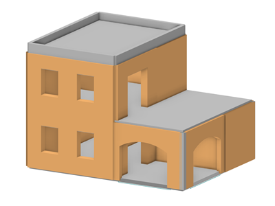 Modelo 3D de un edificio con muros de fábrica y forjados de hormigón armado para el análisis estático.
