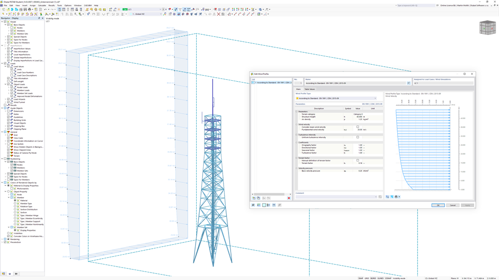 Stalowy maszt antenowy w tunelu aerodynamicznym, utworzony w RSTAB 9